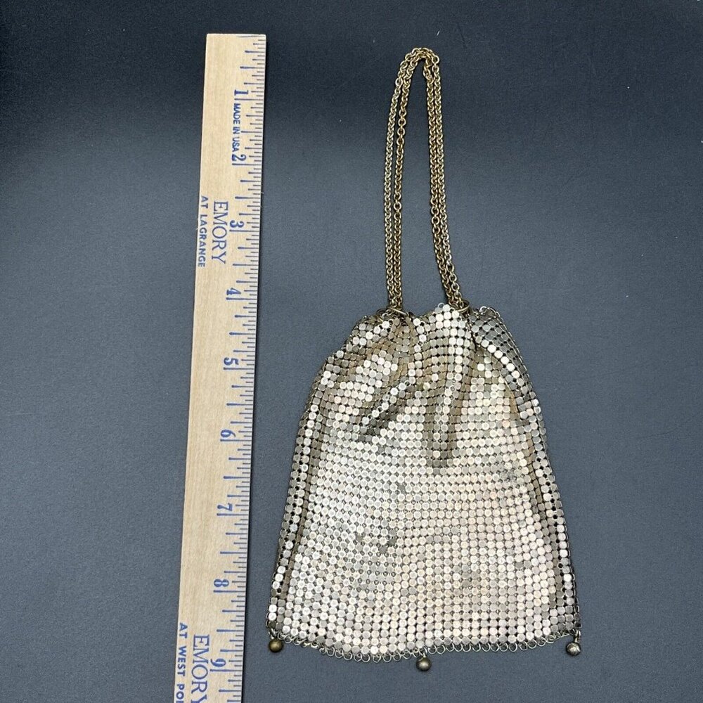 Silver Metal Mesh Small Wristlet Drawstring Chain Closure Purse Clutch Handbag - Picture 4 of 7